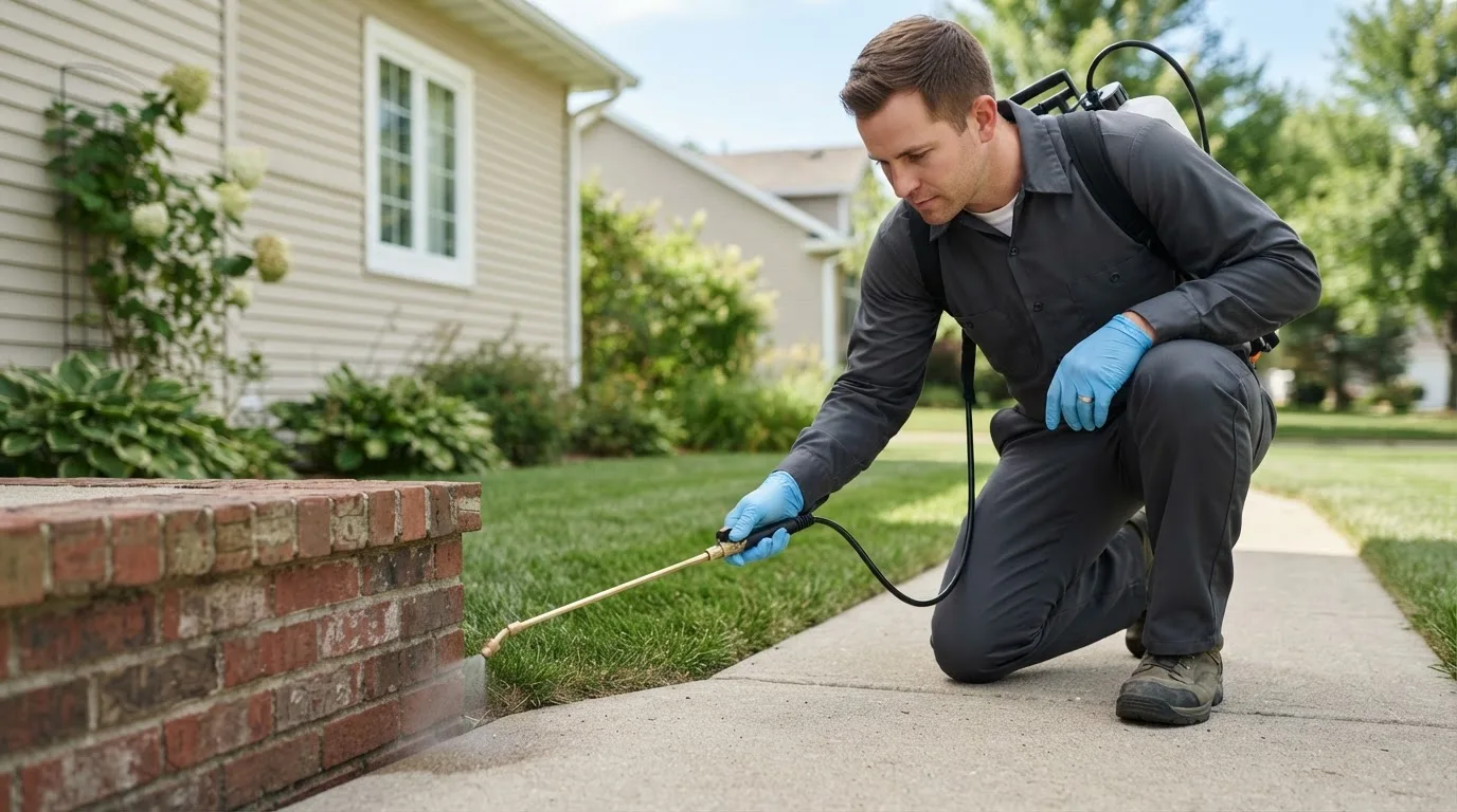 Pest control technician treating a home near Shelter Island Heights, NY